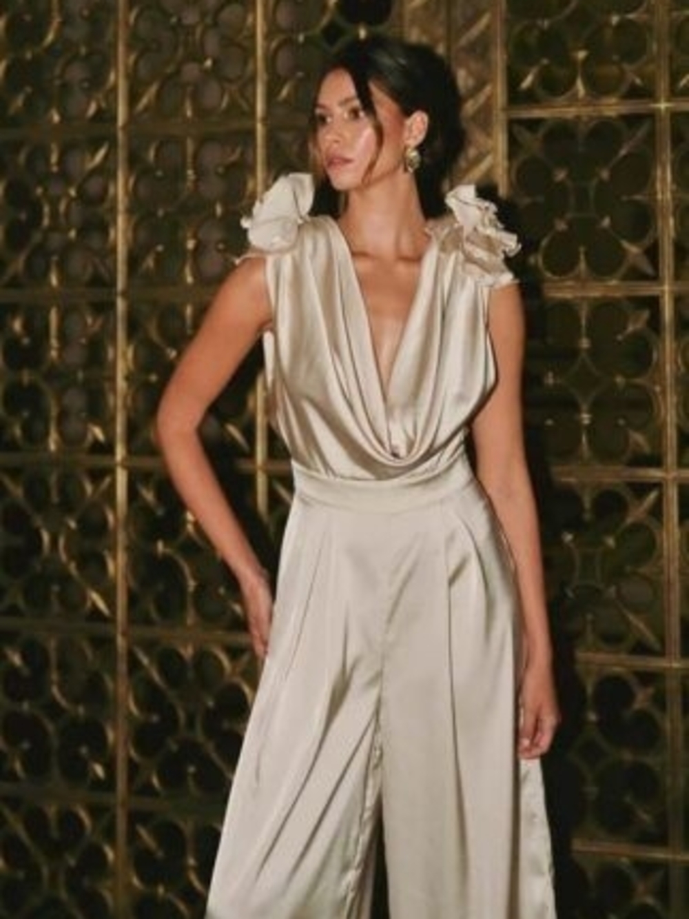Elegant Cream Satin Jumpsuit with Drape Neckline